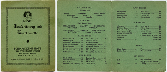 Menu from Schnackenberg's Confectionery and Luncheonette, 1110 Washington Street, circa 1940s.