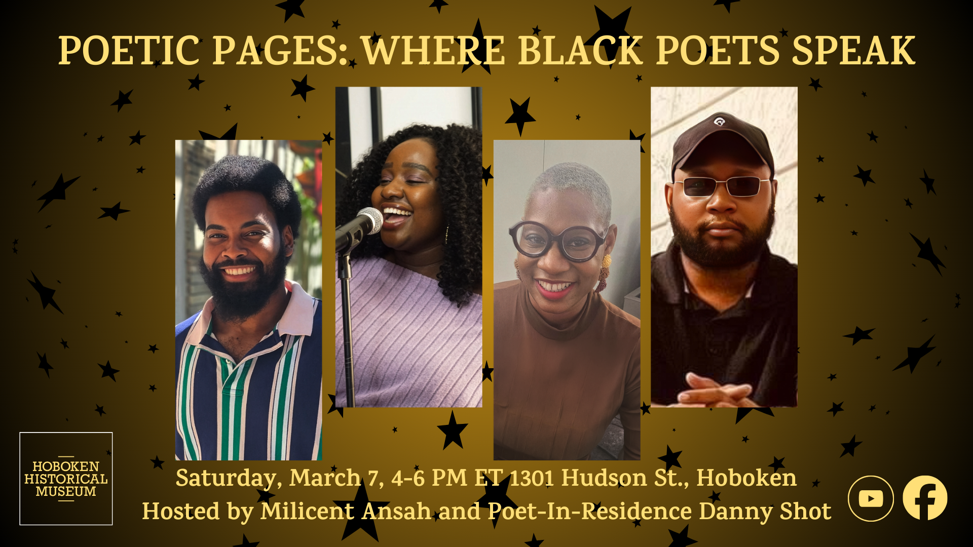 Poetic Pages event poster featuring Black poets at Hoboken Historical Museum.